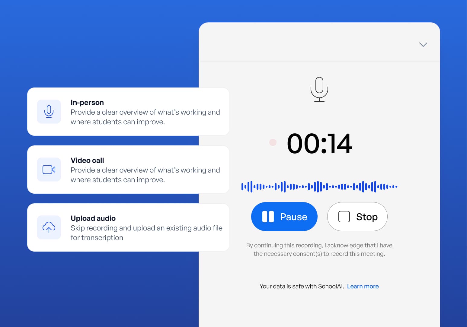 AI Notetaker recording interface with In-person, Video call, and Upload audio options alongside an active recording timer