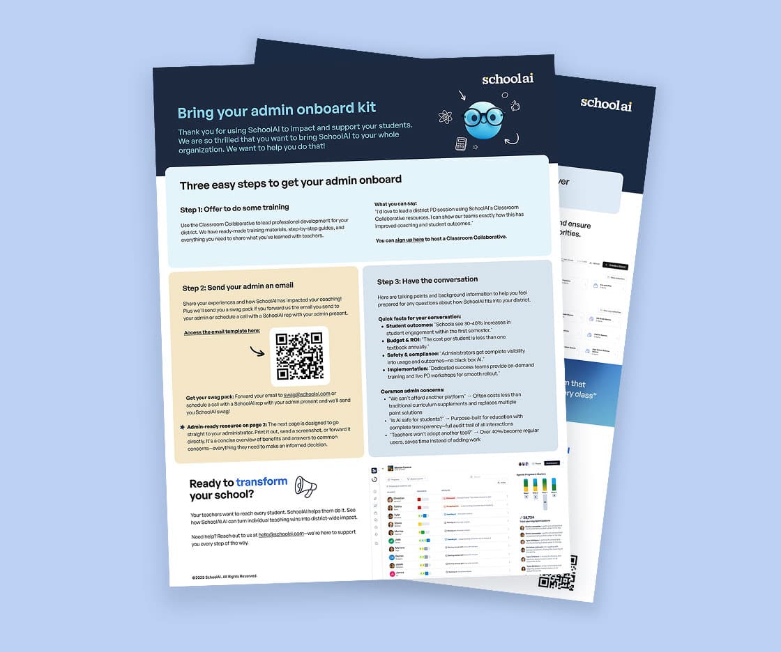 SchoolAI Admin Onboard Kit — three pages of guides and resources