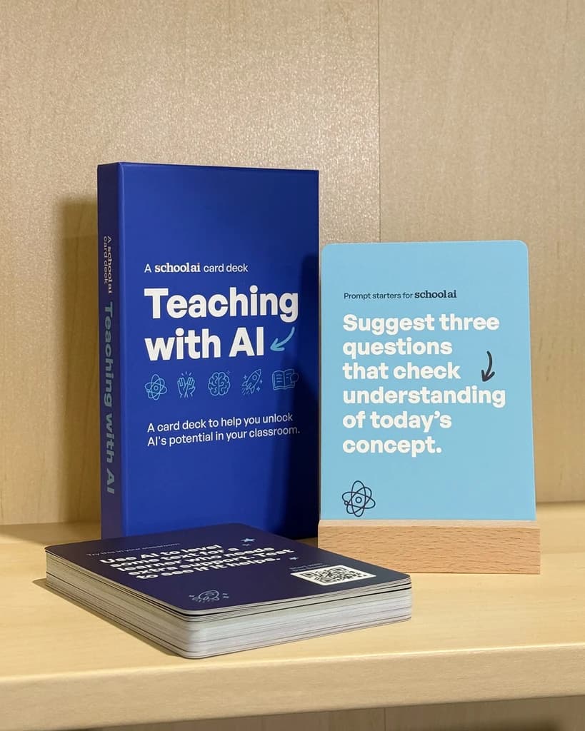 SchoolAI Teaching with AI card deck — a 52-card deck with prompt starters, coaching questions, and AI vocabulary for teachers