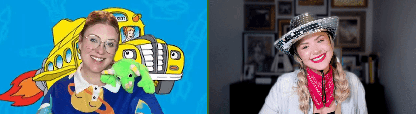Left: Animated character with red hair and glasses holding toys against blue background. Right: Woman wearing a silver hat…