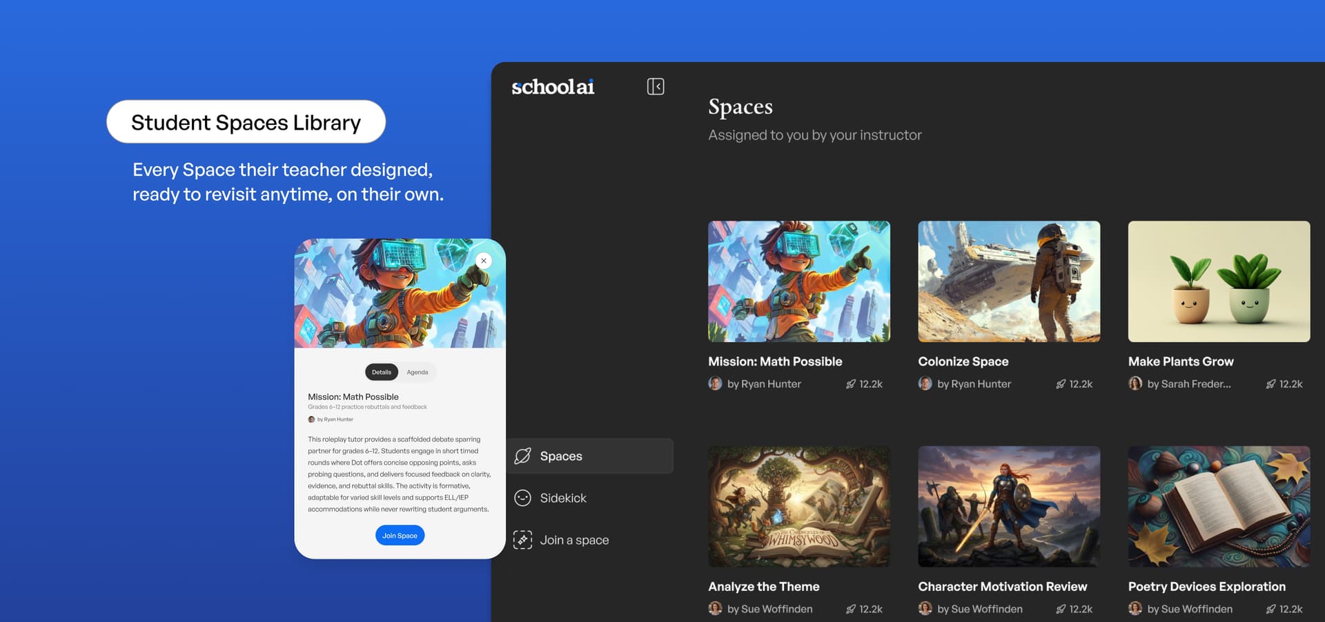 Schoolai platform showing Student Spaces Library with teacher-designed learning spaces including Mission: Math Possible,…