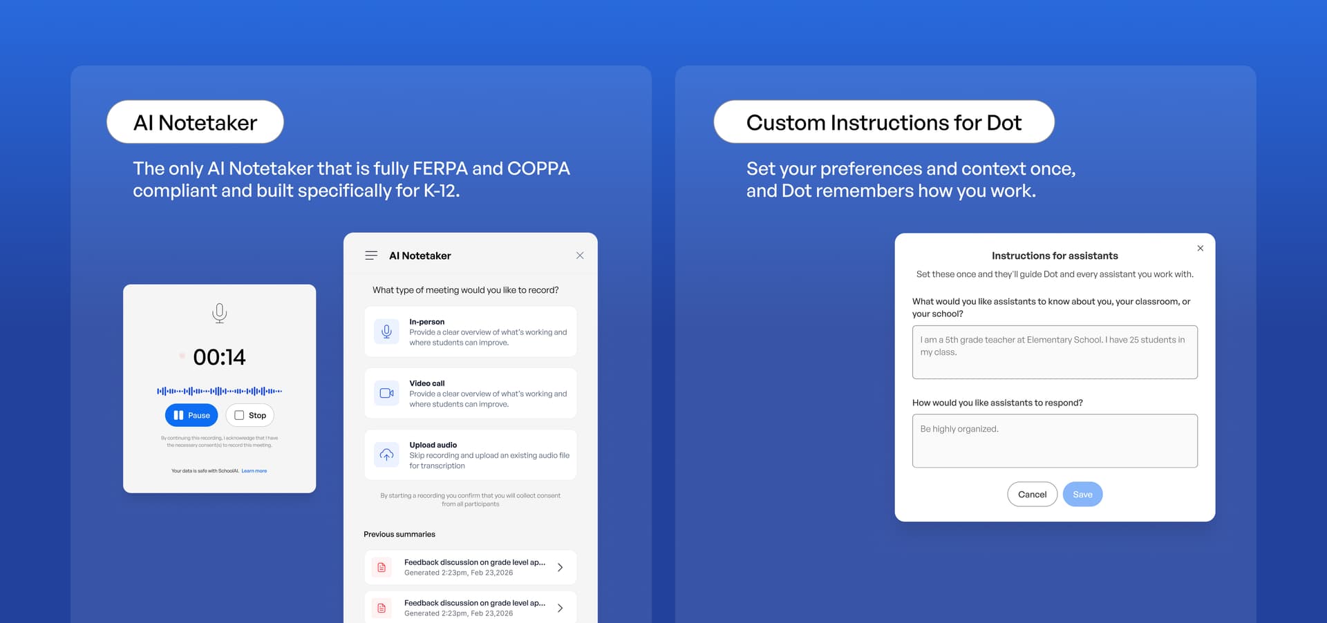 A screenshot showing two features of an AI Notetaker app: a recording interface on the left showing a 14-second audio clip,…
