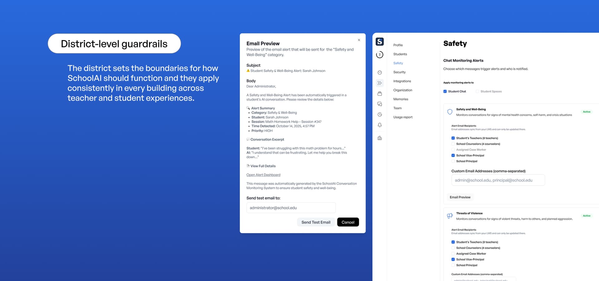 SchoolAI safety monitoring interface showing email alert preview and chat monitoring settings for district-level guardrails…