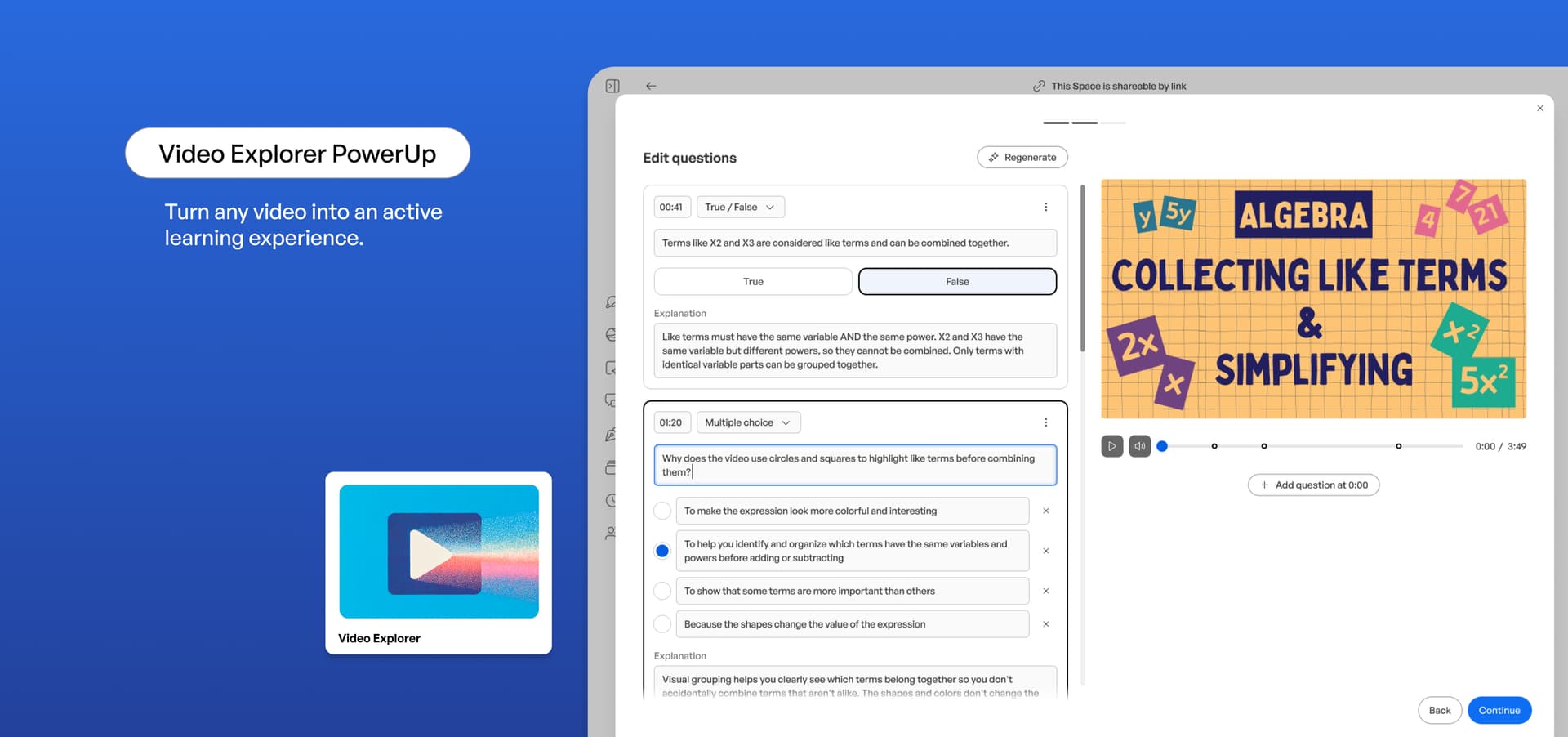 Video Explorer PowerUp interface showing an algebra lesson on collecting like terms with interactive questions overlaid on…