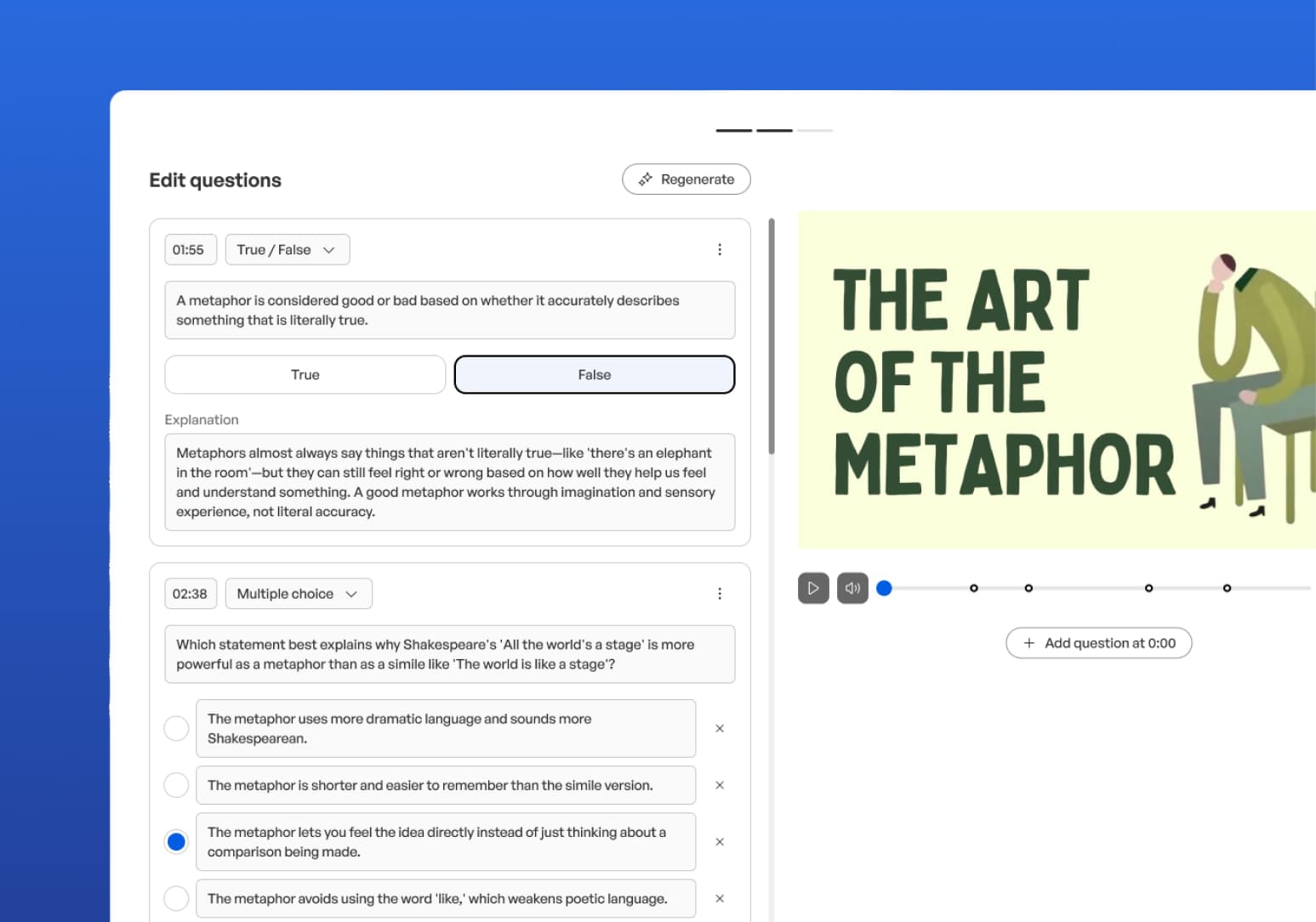A quiz interface showing two questions about metaphors, with an "Art of the Metaphor" video player on the right side.