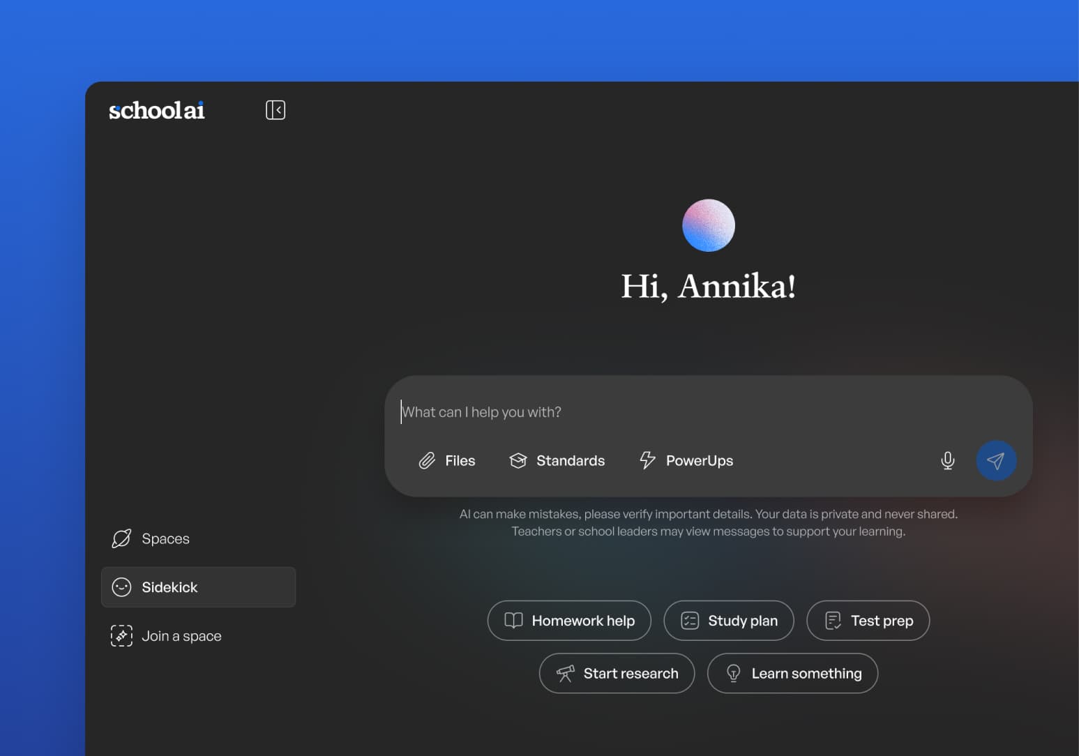 School.ai welcome interface showing a personalized greeting to Annika with a search bar and options for Files, Standards,…
