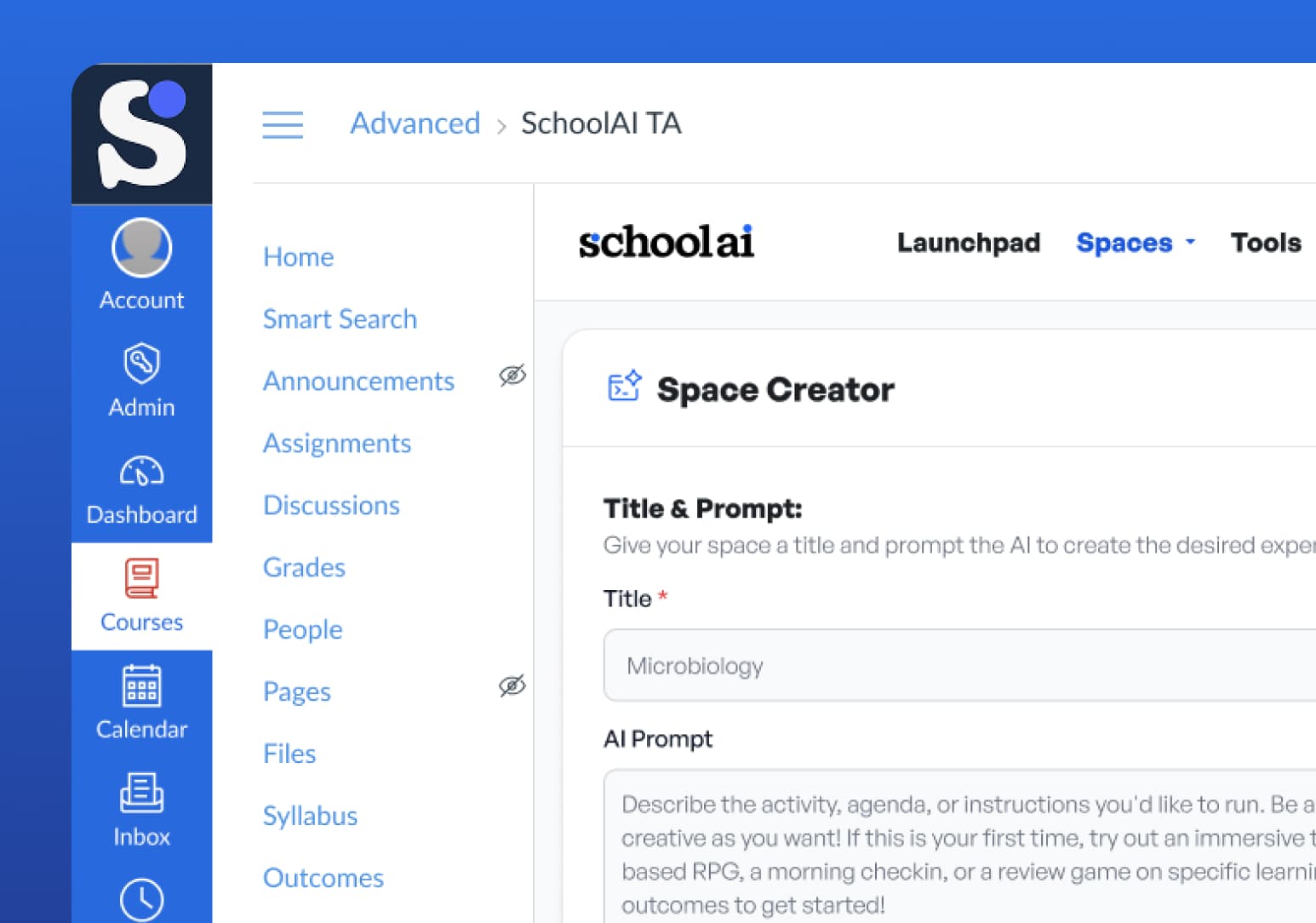 SchoolAI Space Creator interface showing a form with Title field populated with "Microbiology" and an AI Prompt field for…