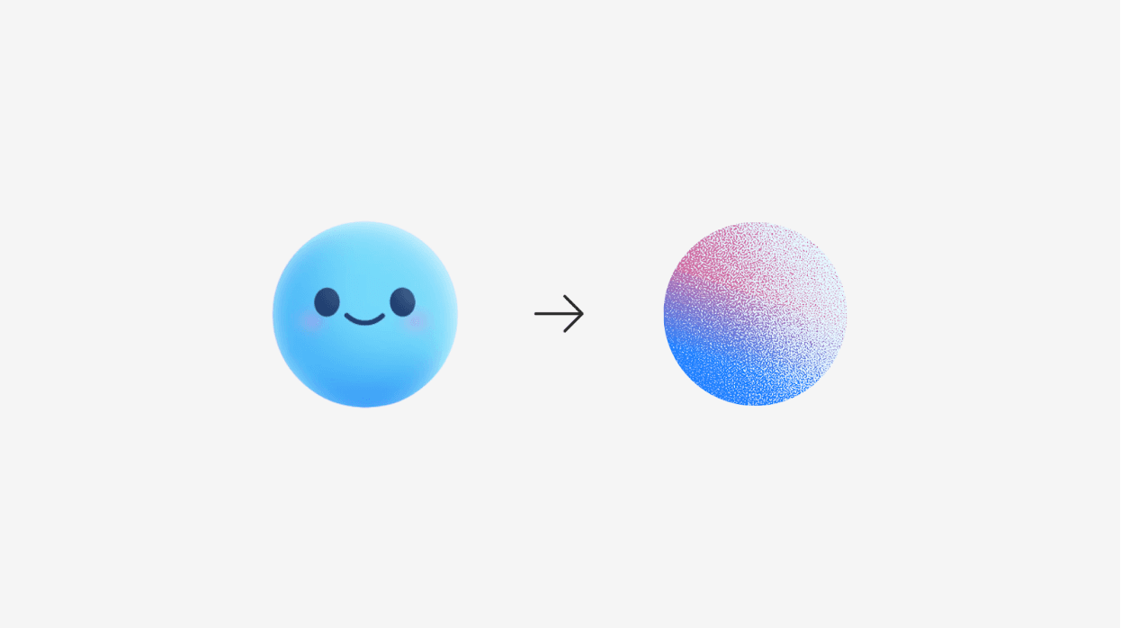 A smiling blue character transforms into a colorful gradient sphere with a grainy texture, indicated by an arrow between…