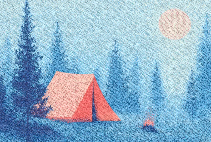 Illustrated tent and campfire in a misty pine forest