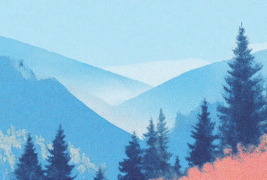 Illustrated mountain landscape with pine trees