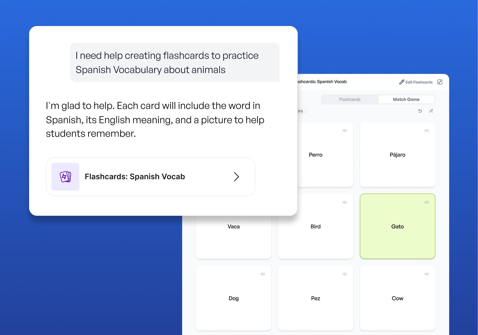 AI chat generating Spanish vocabulary flashcards alongside a Match Game activity