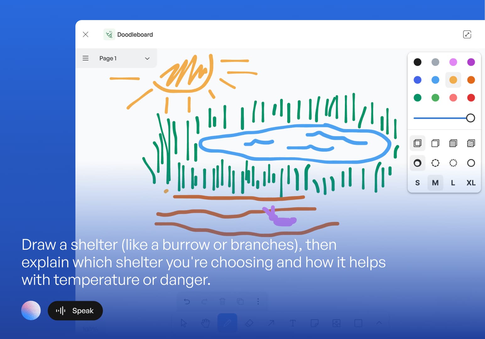 Doodleboard PowerUp with a student drawing and an AI prompt about animal shelters