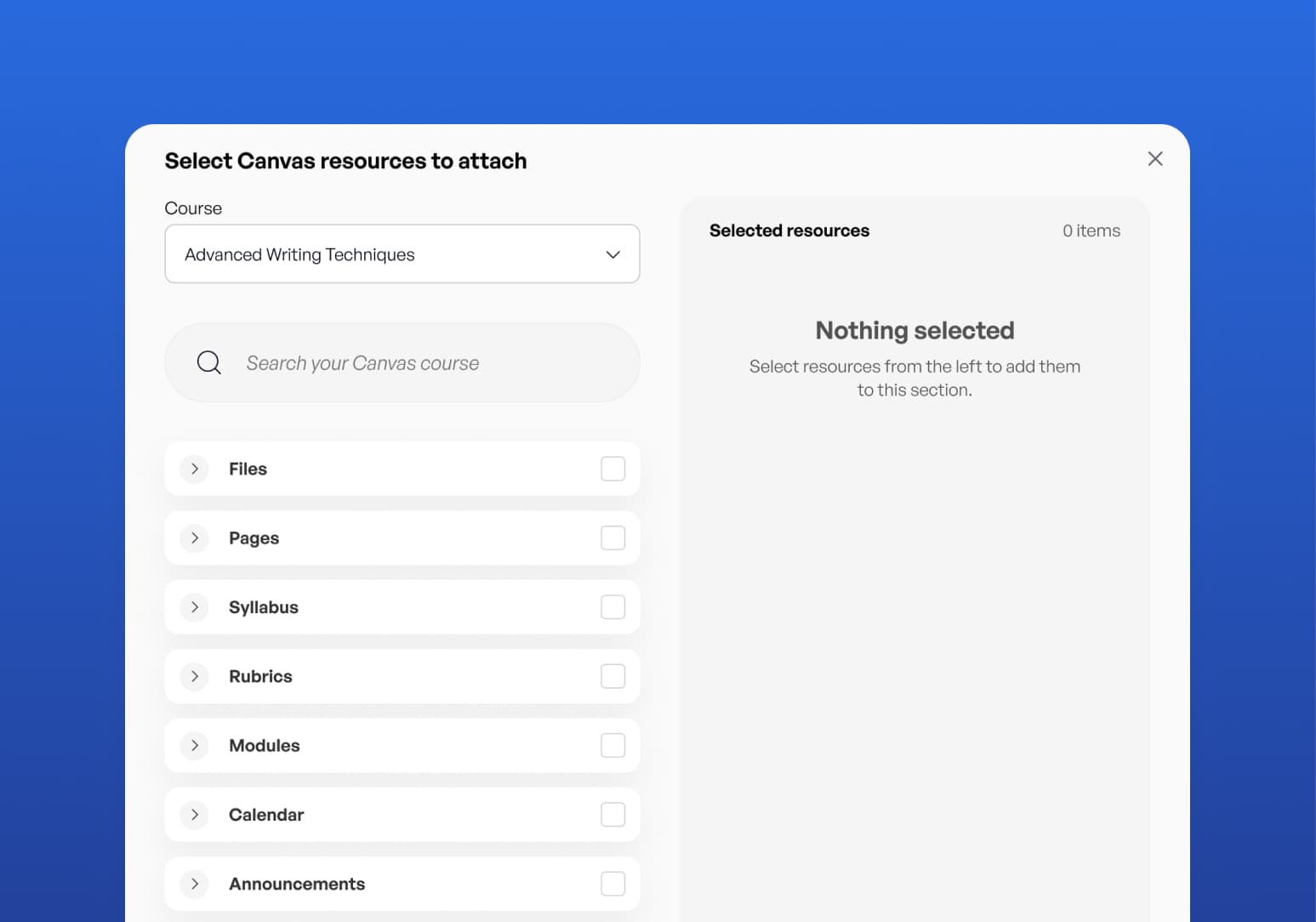 Select Canvas resources to attach dialog showing course content categories including Files, Pages, Syllabus, Rubrics, and Modules