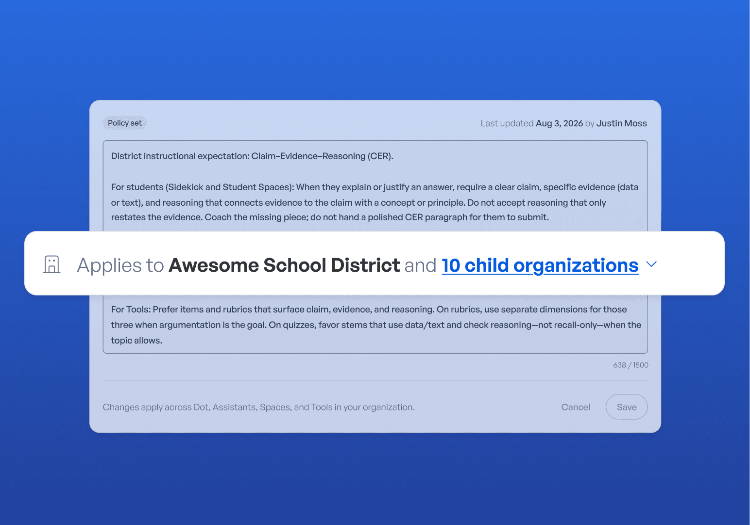 District customization panel showing AI instructions that apply to Awesome School District and 10 child organizations