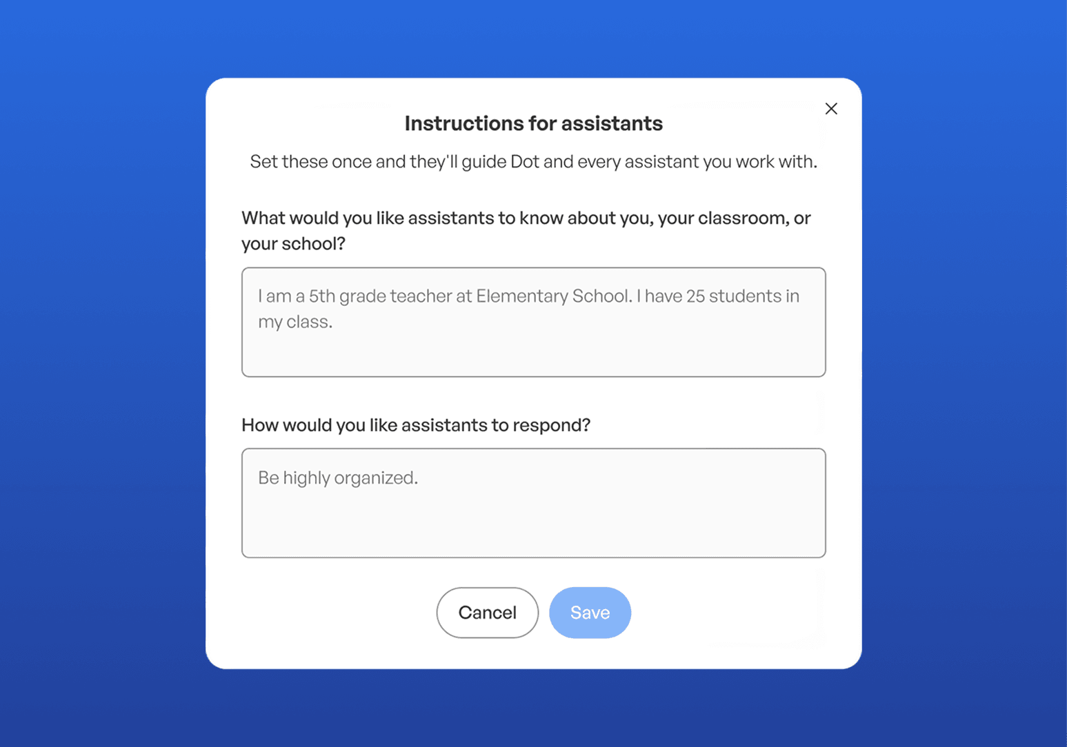 Custom Instructions dialog for Dot showing classroom context and response style settings