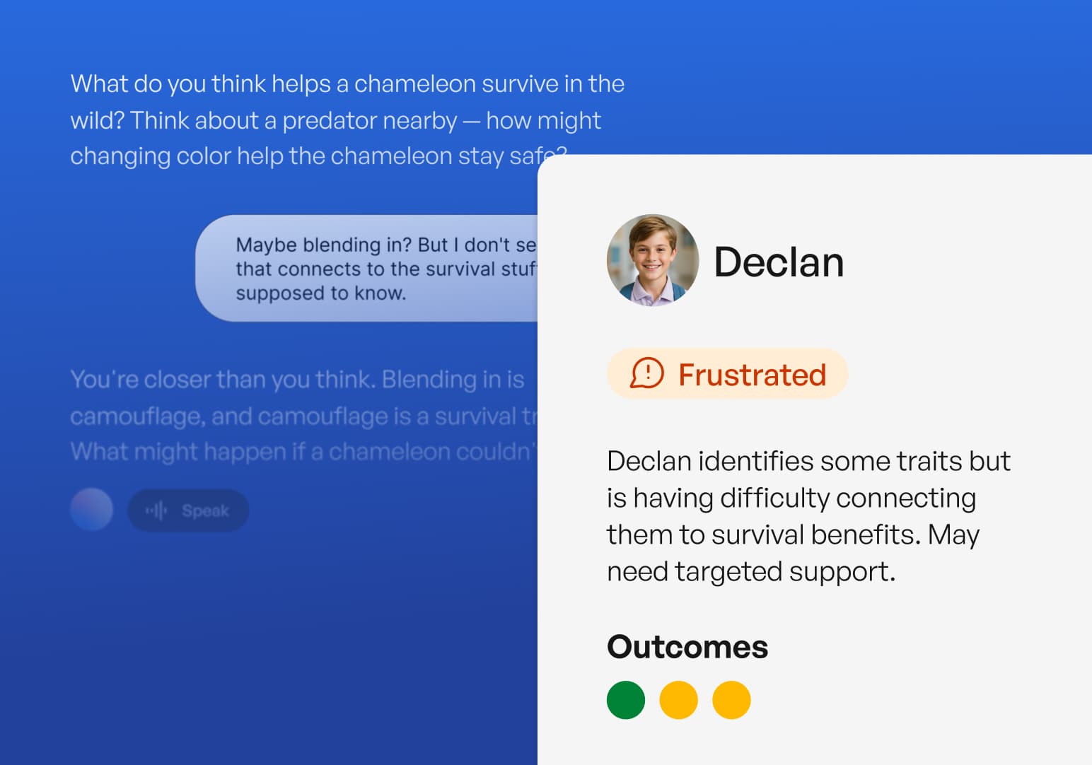 Mission Control showing a student's conversation alongside their sentiment and learning outcomes