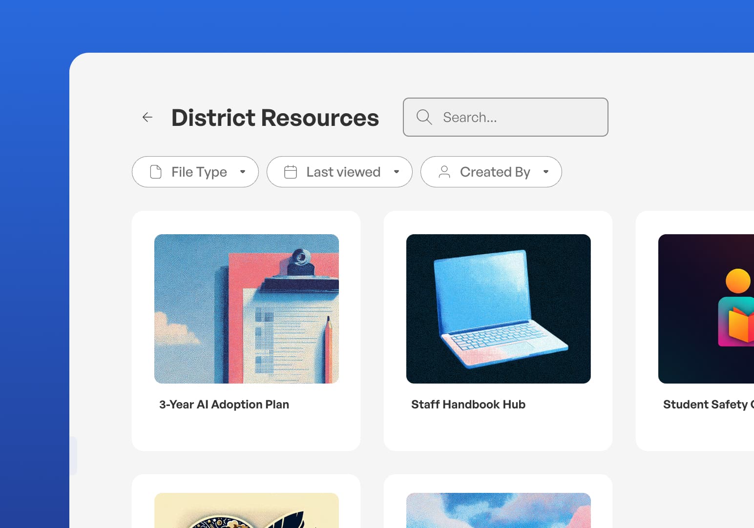 District Resources library with shared Spaces for AI adoption, staff handbooks, and safety