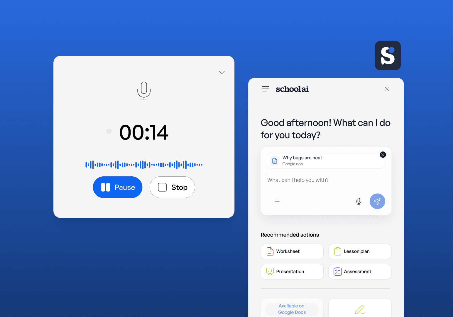 AI Notetaker inside the SchoolAI Browser Extension toolbar