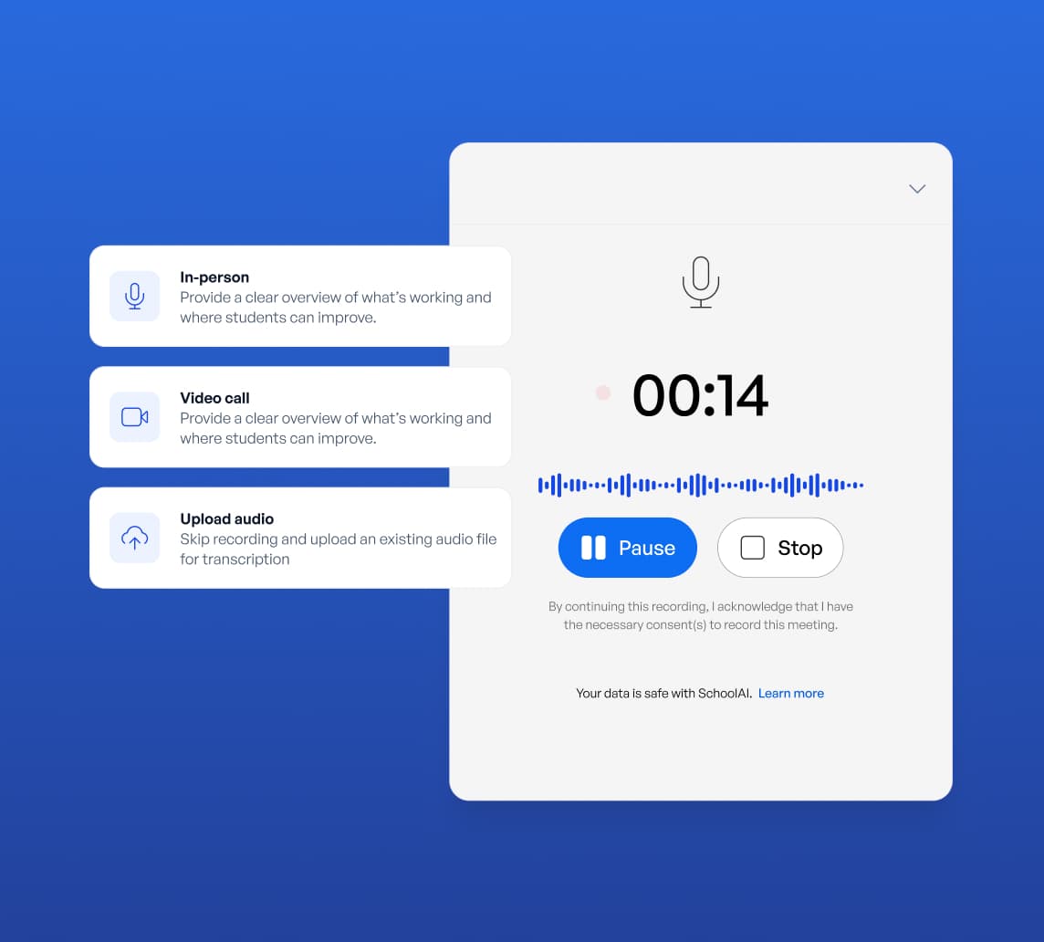 AI Notetaker recording interface with In-person, Video call, and Upload audio options alongside an active recording timer