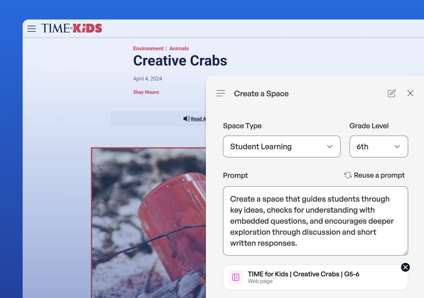 SchoolAI browser extension creating a Space from a TIME for Kids article with grade and prompt settings