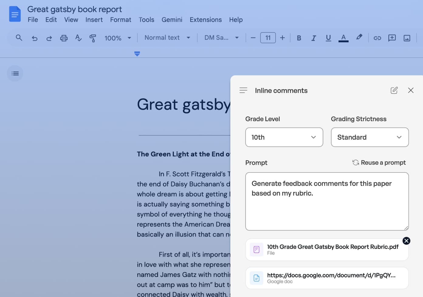 SchoolAI extension generating inline feedback on a student essay in Google Docs with an attached rubric