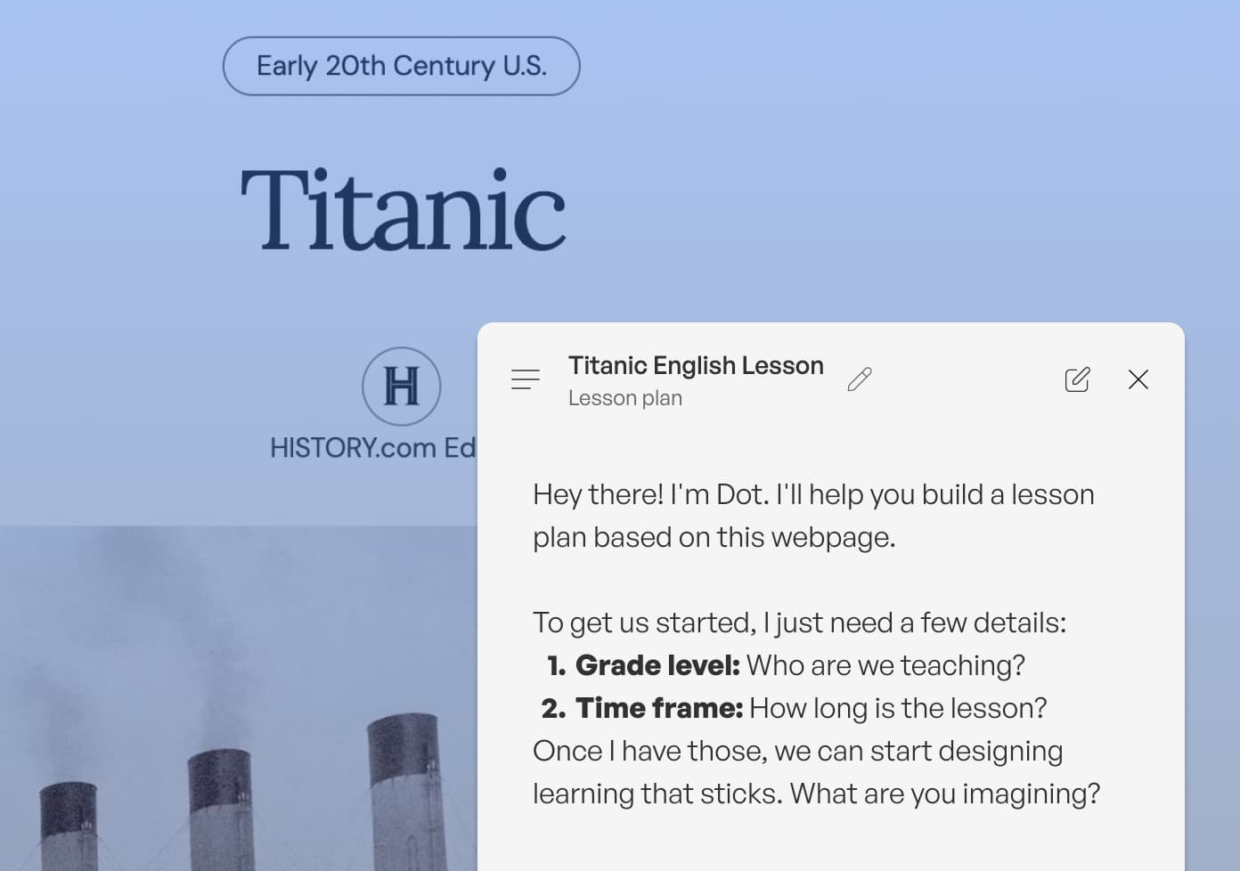 SchoolAI extension building a Titanic lesson plan from a History.com article with AI co-teacher Dot